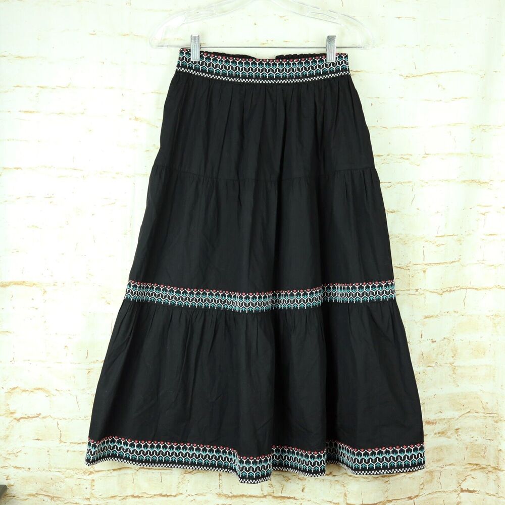 Sundays by We Are Sundays Midi Skirt Womens S Black Riya Tiered Embroidered Boho
